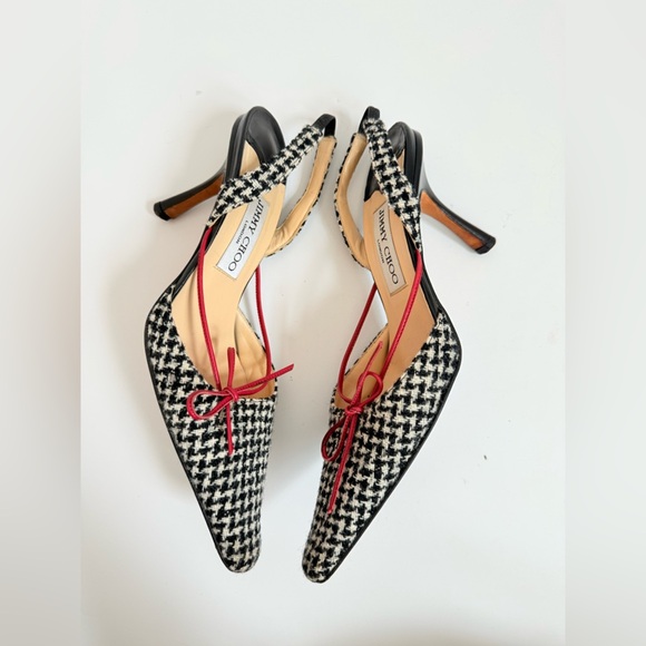 Jimmy Choo Vintage Black White Houndstooth Wool Red Dainty Ribbon Pumps EU 37 - Picture 3 of 7
